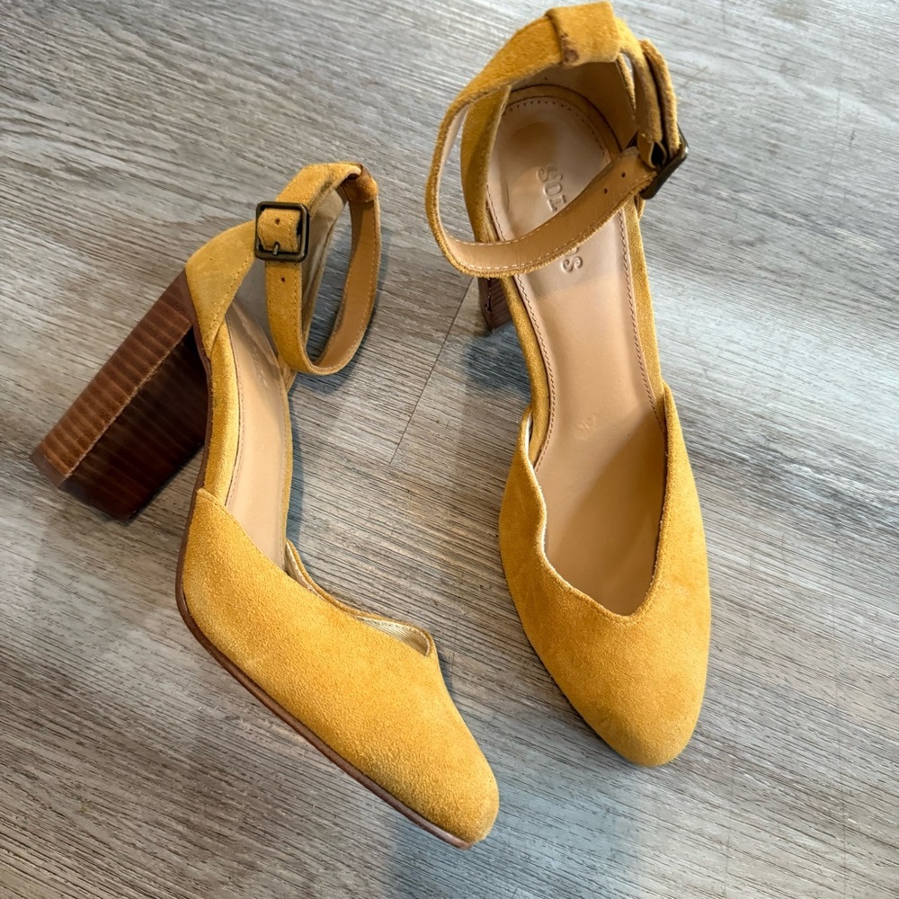 Soludos Mustard Suede Block Heel Ankle Strap Pumps - Picture 8 of 8